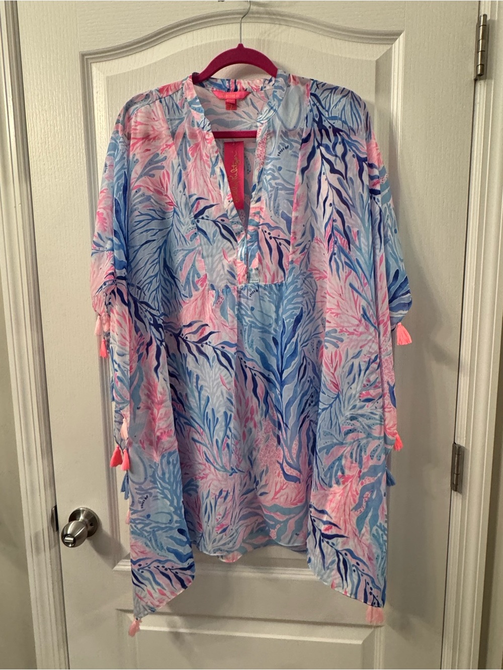Lilly Pulitzer Pink and Blue Leaf-Print Cover Up with Tassels
